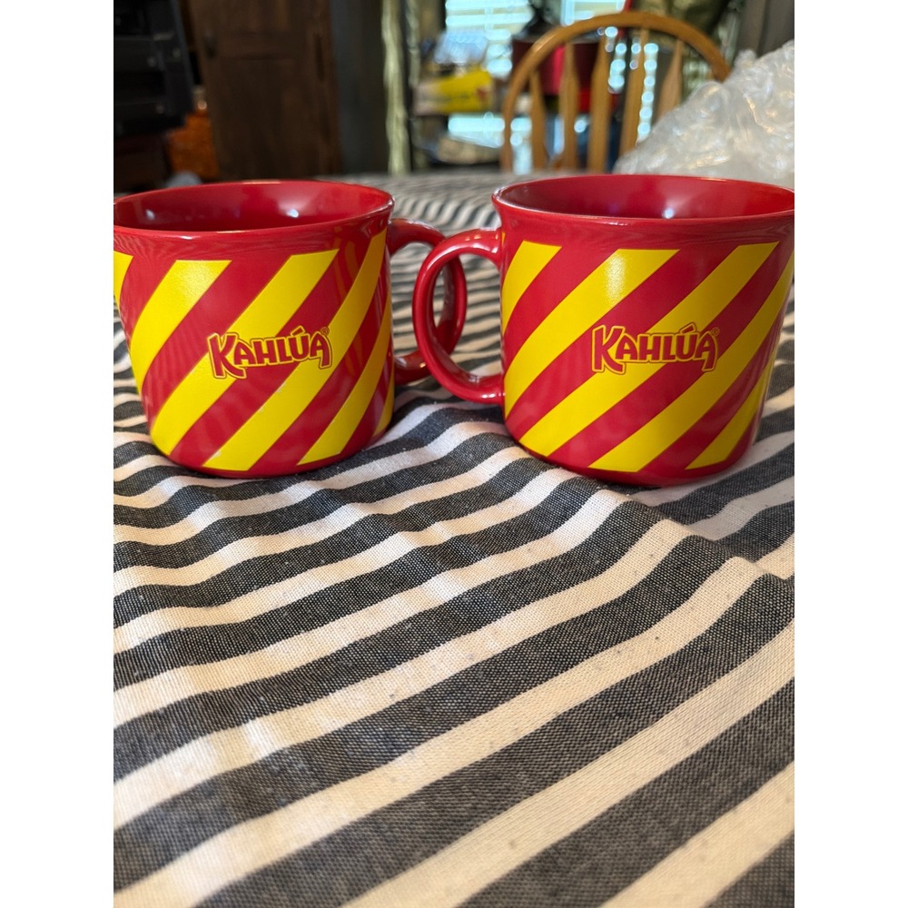Kahlua Coffee Mugs Set of 2 Red Yellow Diagonal Striped Logo Cups Vintage